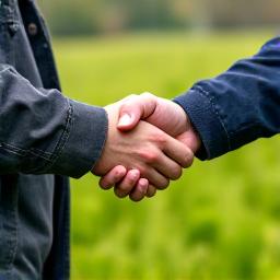 Handshake between a farmer and a Green Harvest employee in a field.